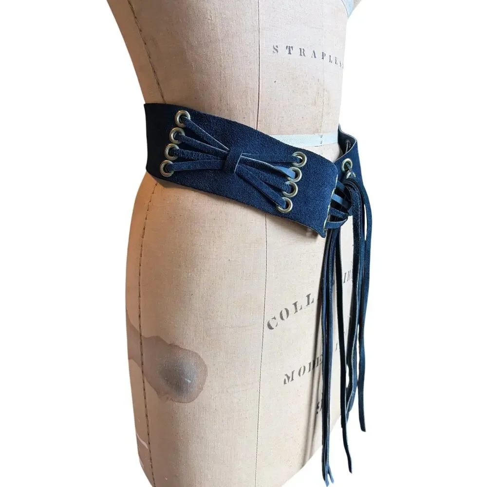 Navy Blue Suede Corset Obi Belt Wide Lace Up Fringe Boho 28